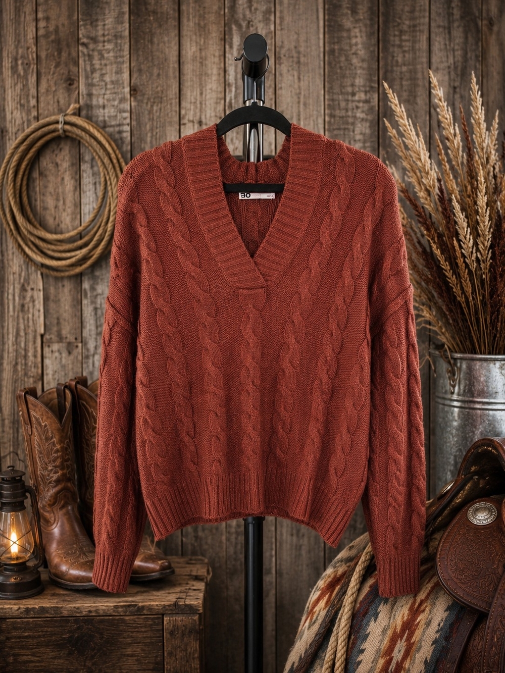 SO Cable Knit V-Neck Sweater in Rust, M